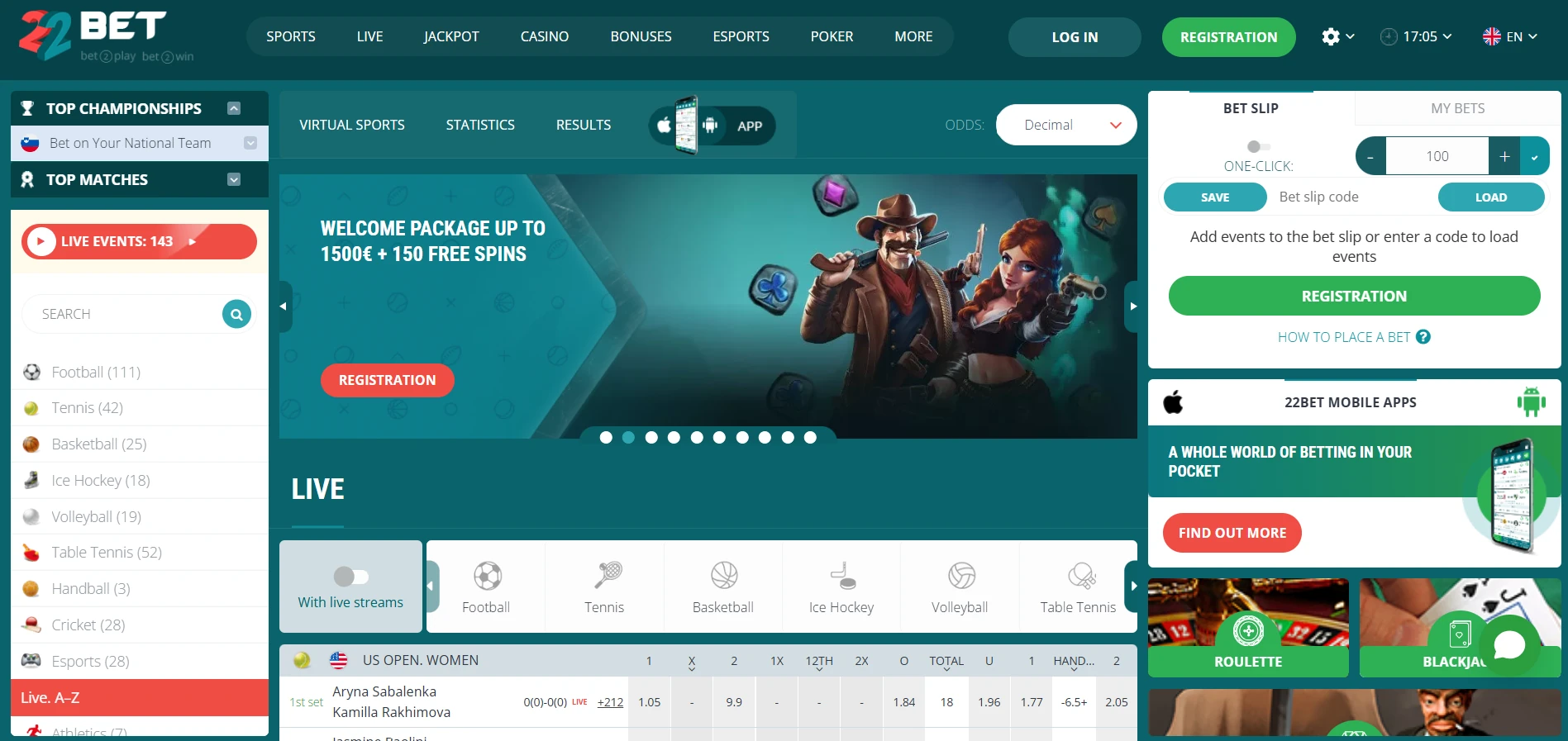 22bet Casino Screen